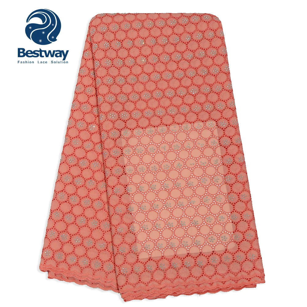 

China factory Bestway African Clothing Fabric 100% Cotton Swiss Voile Lace with stones for clothes SL0465, White;royal blue;water green;peach;dust pink