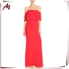 2017 Latest Gown Designs Red Color Gown Strapless Ruffles Elegant Chiffon Long Evening Dress With High Slit
