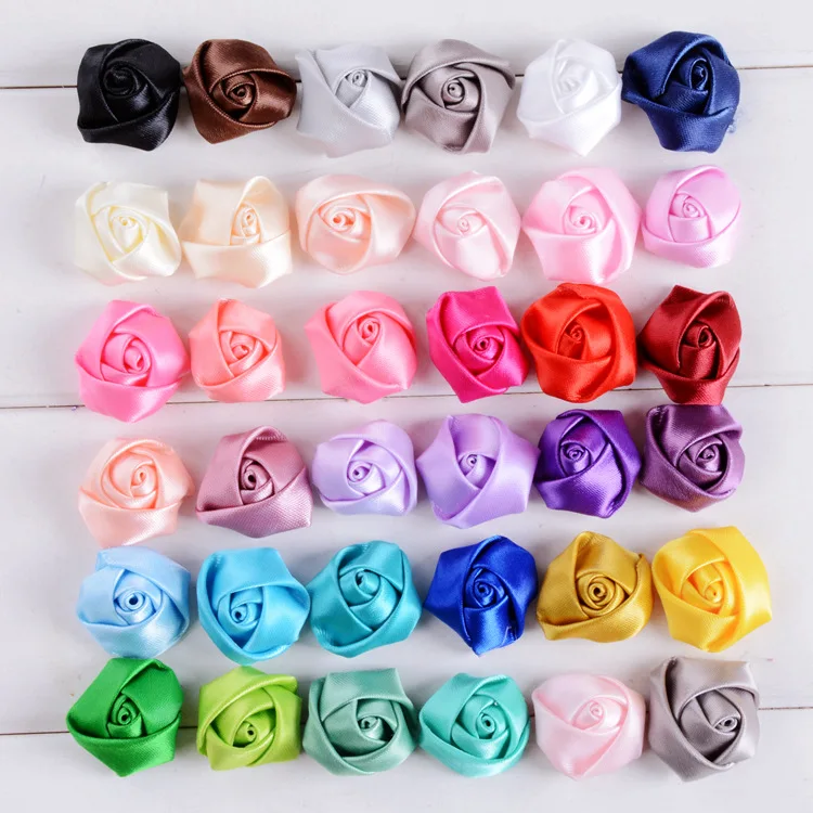 

Ready to ship wholesale 5cm rose flower bud satin fabric ribbon bow for garment accessories, 196 colors