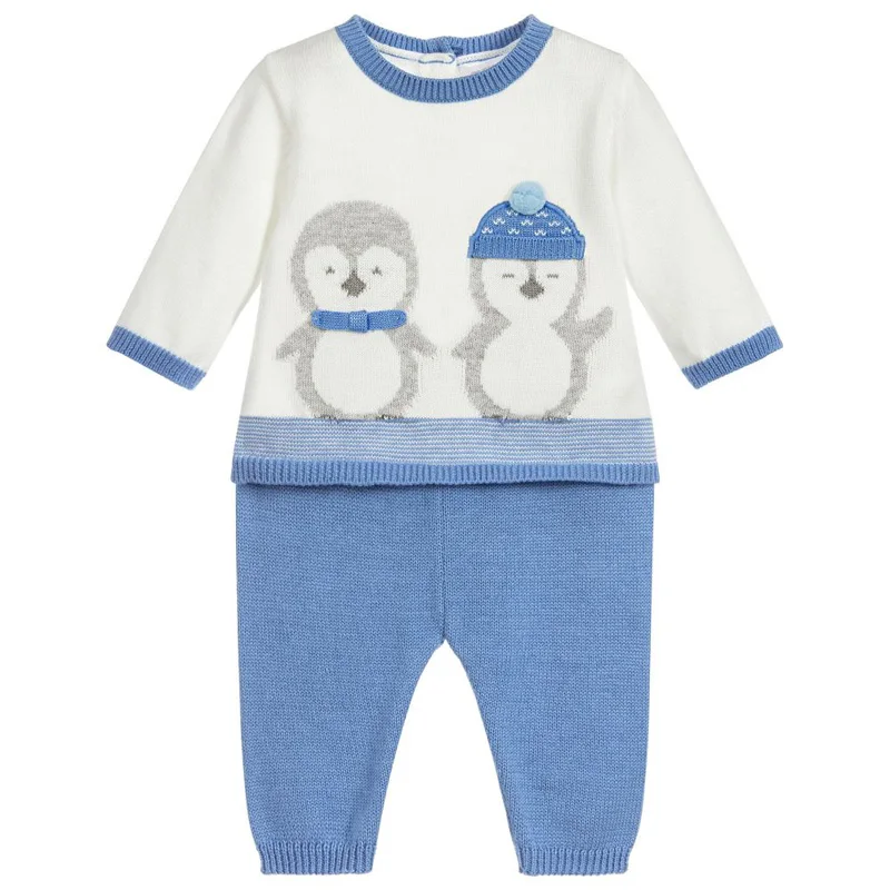 Factory OEM Print Design Winter Cartoon Knitted Cotton Kids Clothing Set For Boy Girl