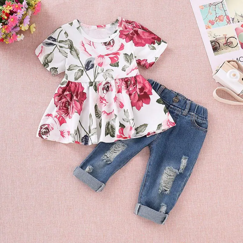 Summer Spring Kid Floral Flower Short Sleeve Jean Beautiful Rose Flower Flounces Shirt Top Blue Jean Set Girl Children Cloth Set