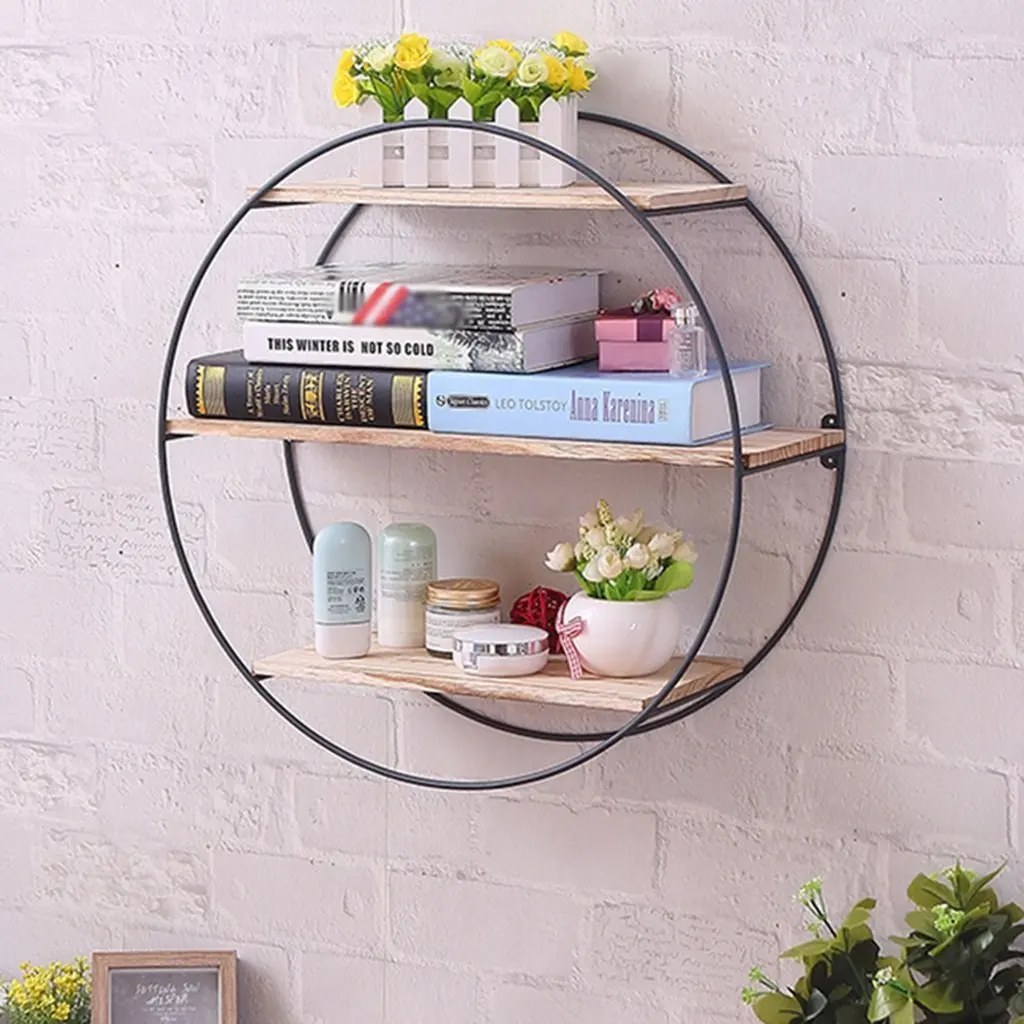 LQQGXL Storage and organization Wall frame round iron retro solid wood floating storage bookcases flower racks