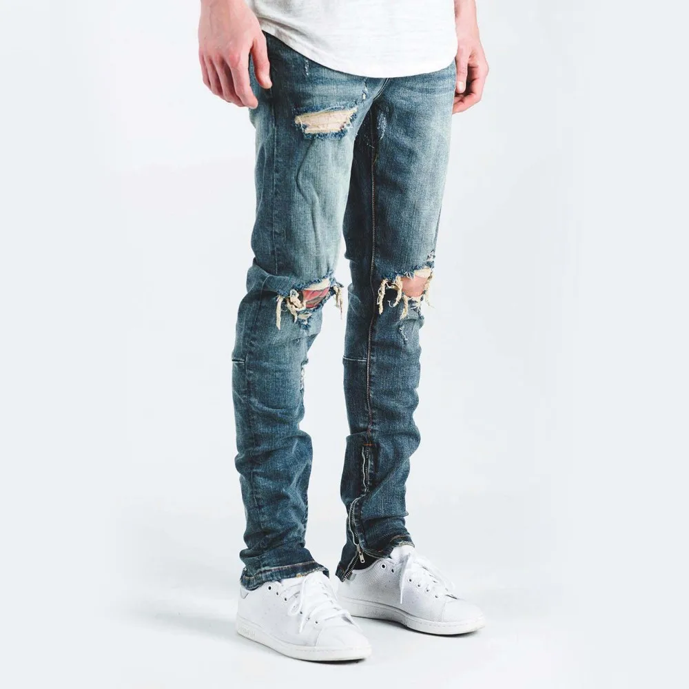 Jade Green Mens Ripped Holes Denim Jeans Distressed Tassels Leg Bottom ...