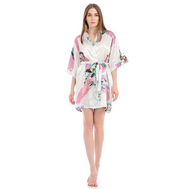Women's Kimono Robe Peacock & Blossoms Satin Nightwear short