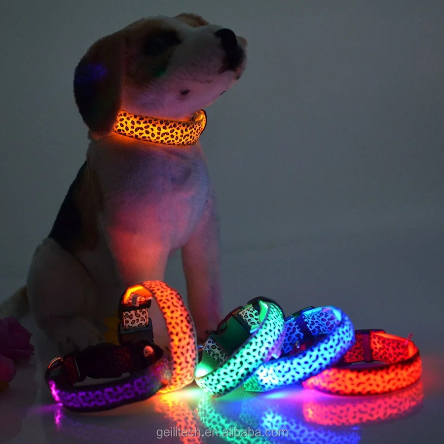 

Supply dog collar fashion Leopard Grain Design reflective flashing led dog collar