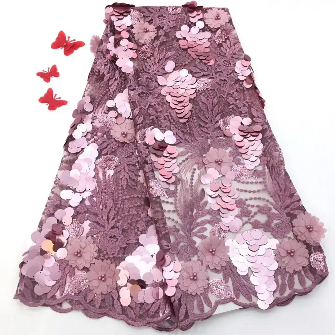 

High quality African sequins 3d flowers lace embroidered fabric with beads pearls