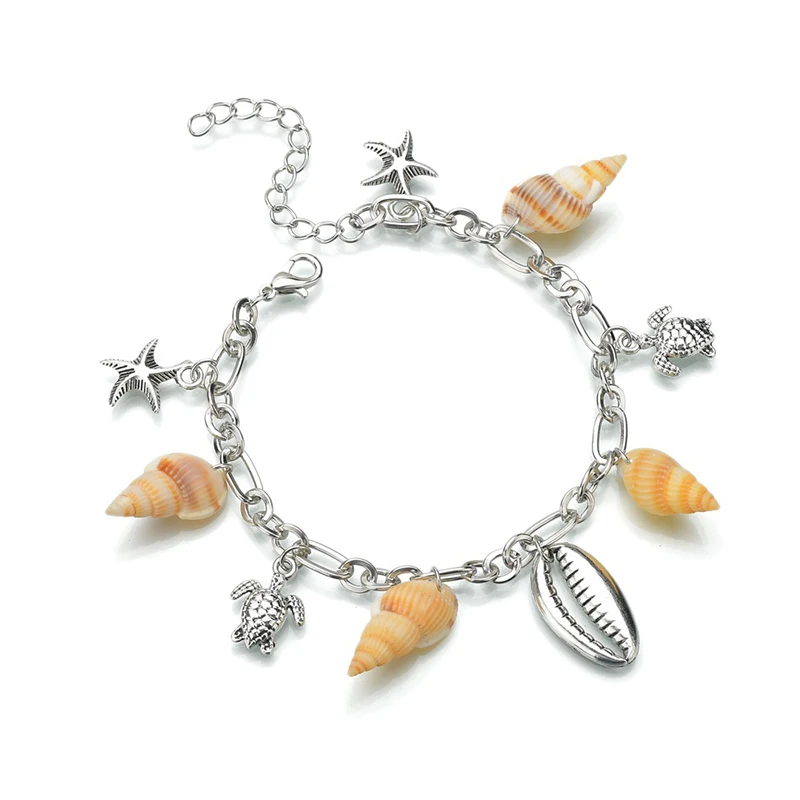 

Vintage Metal Shell Starfish Turtle Pendant Anklets For Women Bohemian Natural Conch Anklet Foot Jewelry (KAN368), As picture