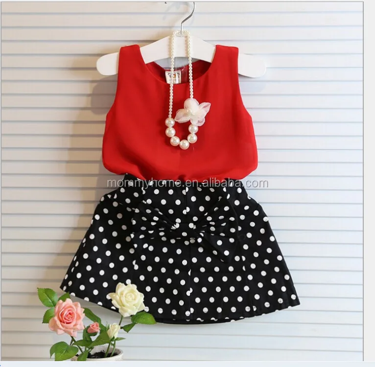

Children Kids Summer Clothes Sleeveless Top With Polka Dots Skirt Set M90803