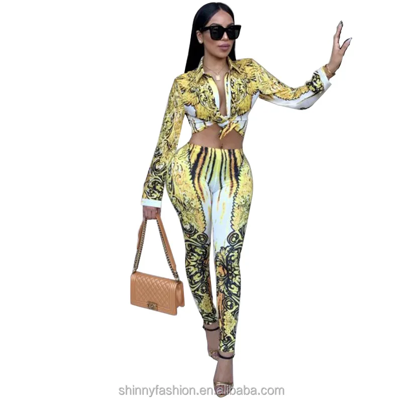 

2 Piece Set Women Summer Print Small Lapel Long Sleeve Sexy Short Tops Shirt Long Skinny Pencil Feet Pants Two Piece, N/a