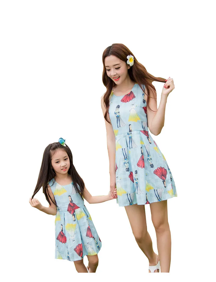 Fashion Mom And Daughter Dresses Sleeveless O neck Cotton Family Look Girl And Mother Family Matching