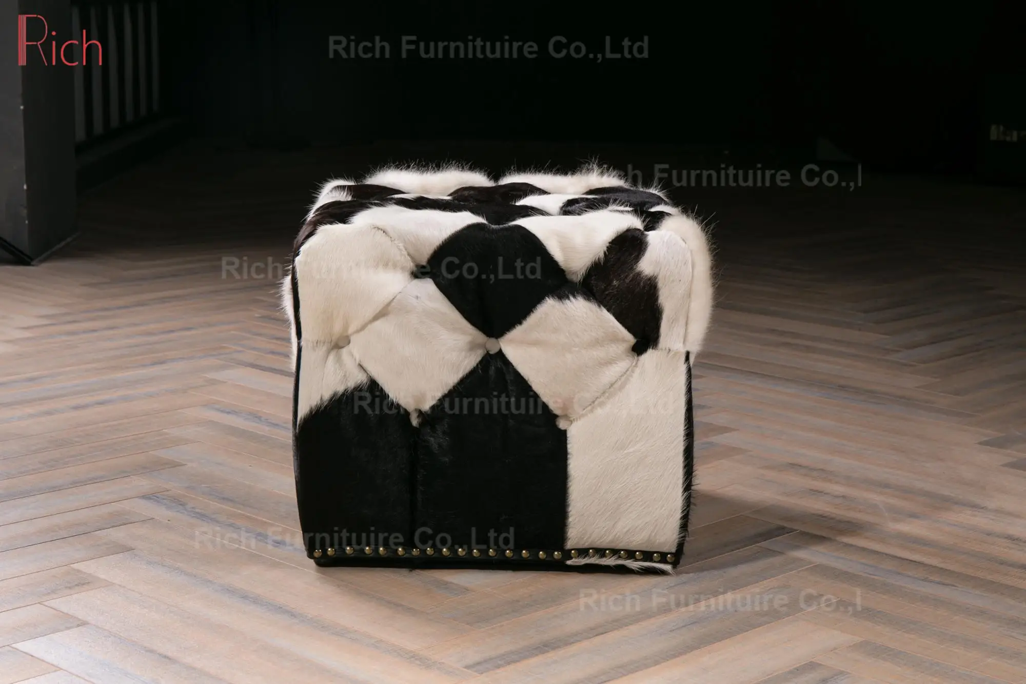 Storage Ottoman Cowhide Stool With Copper Studs Around View