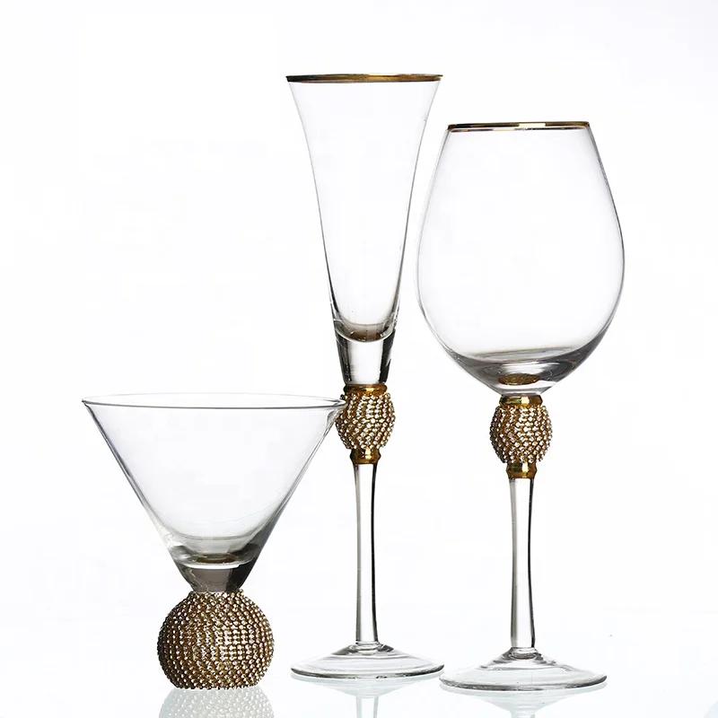 

Wedding Gold Rim Ball Stem DIAMOND Studded Toasting Glass Champagne Flutes, Customer request