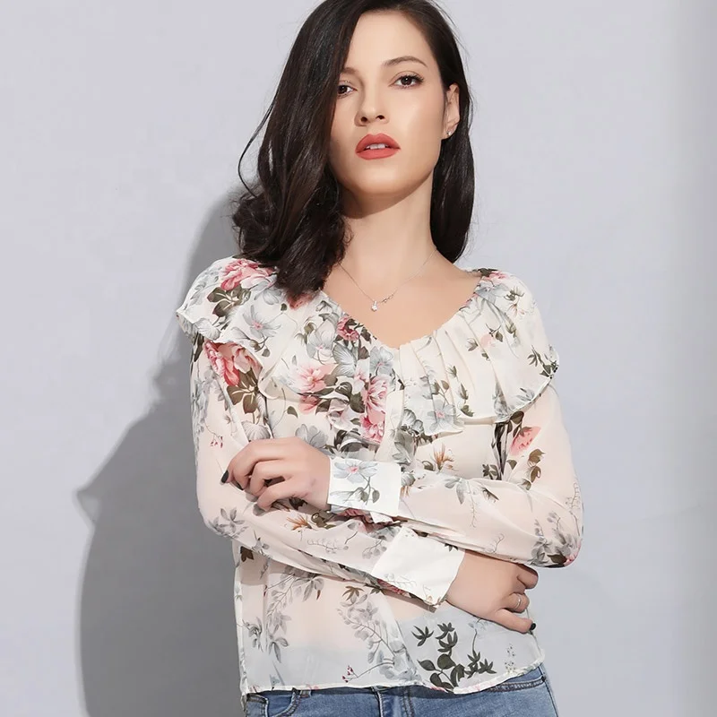 

Ruffle Blouse Elegant Floral Top V Neck Ladies Crop Top Women Office Blouses Long Sleeve Shirts for Women Blouses