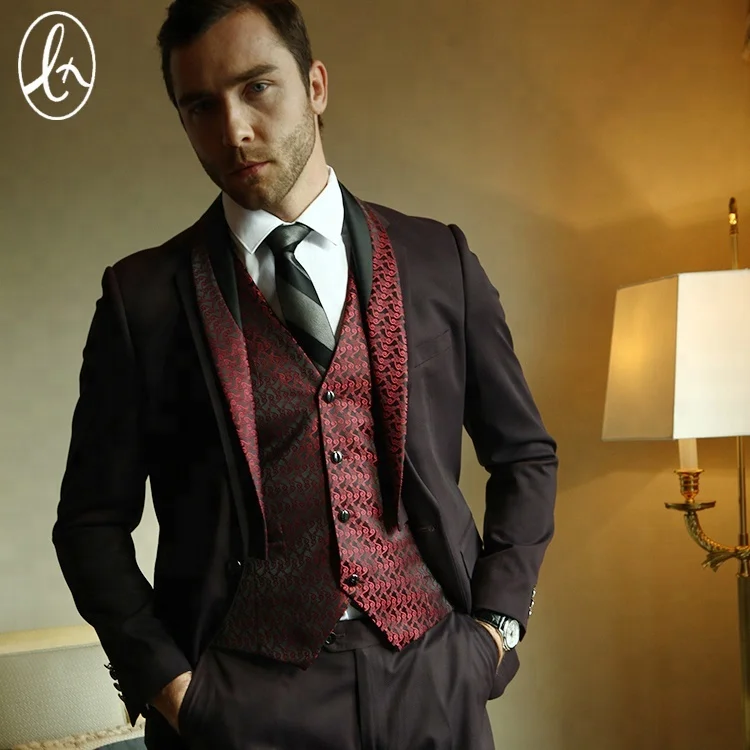 

Red black suit men's slim shawl collar men's suit suitable for wedding fashion jacquard 3 piece dance party clothes