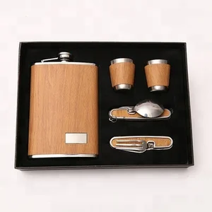 Image of Premium 9 oz Wood grain Hot sales bpa free 9oz Stainless steel alcohol hip flask SET with Table knife fork