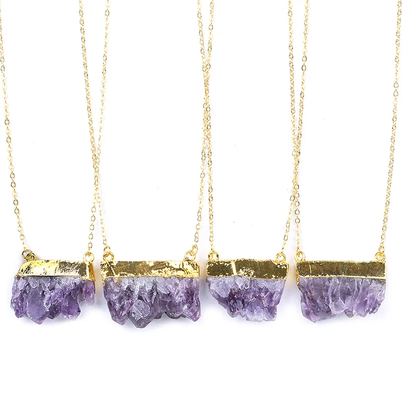 

Fashion Gold Plated Natural Purple Crystal Quartz Slice Healing Loose Stone Druzy Amethyst Pendant Necklace for Women Jewelry