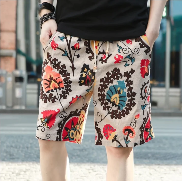 Mens Summer Cotton Flax Short Pants Quick Drying Beach Shorts
