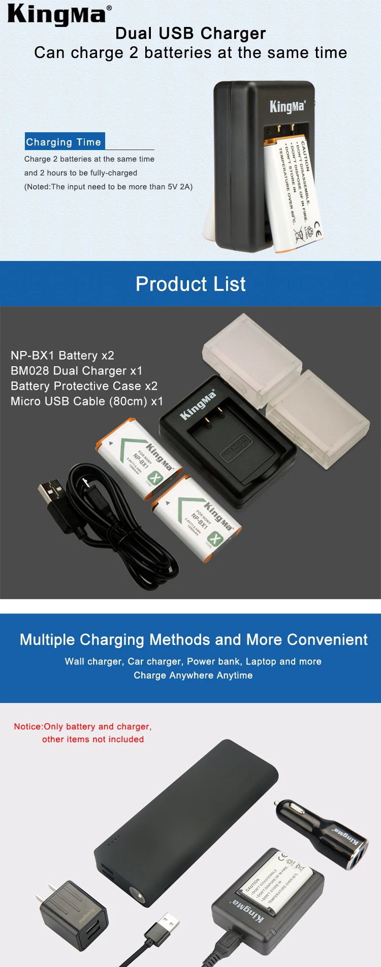 KingMa NP-BX1 Battery (2-Pack) and Rapid Dual USB Battery Charger for Sony NP-BX1/M8 DSC-HX50V HX300 HX400 RX100