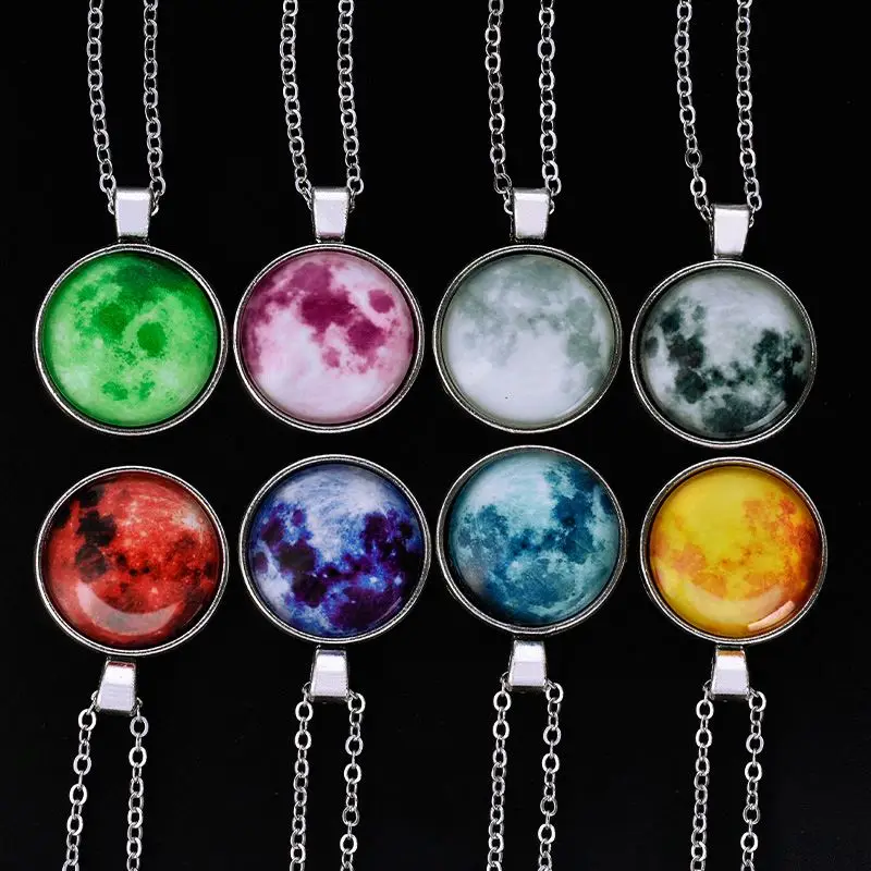 

Full Moon Light Round Glass Universe Women Necklace Jewelry Long Chain Fairy Moon Glow In The Dark Luminous Pendant Necklace, 8 colors