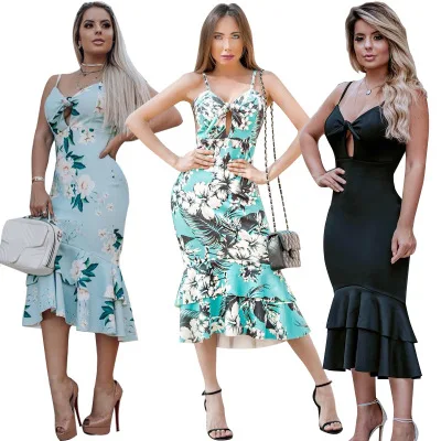 

19210 stylish print halter top dress sexy wrap flounces dress womens 2019 summer dresses, As shown