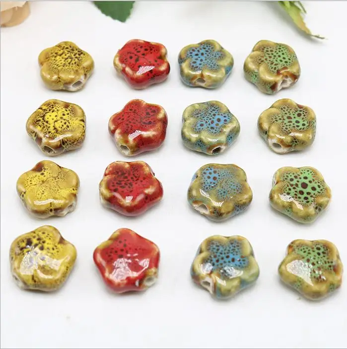 

CC1842 Vintage Flower Shape Ceramic Beads, Handmade Pottery, Chinese Plum blossom Porcelain Beads for Jewellery Making