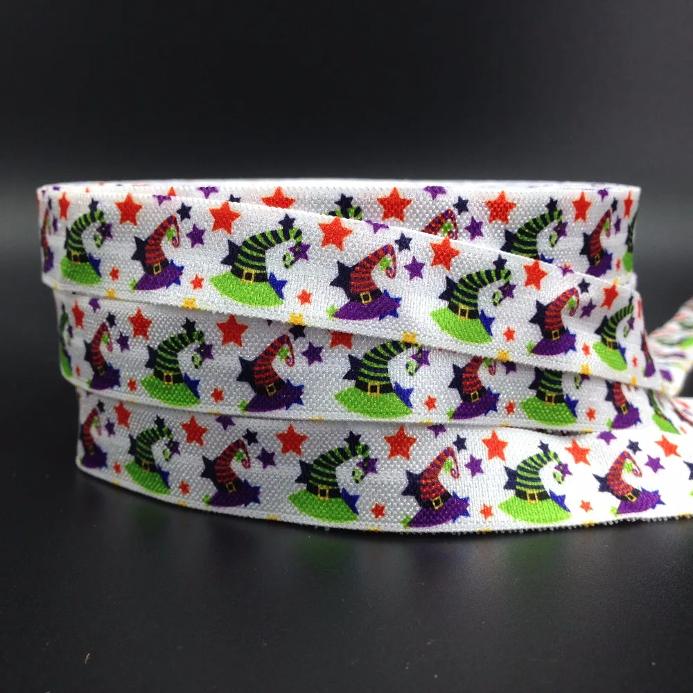 

New Arrival 5/8" Witch Hats Print Fold Over Elastic 100 yards Halloween FOE Elastic Tape Ribbon for Hair Tie DIY Hair Accessory