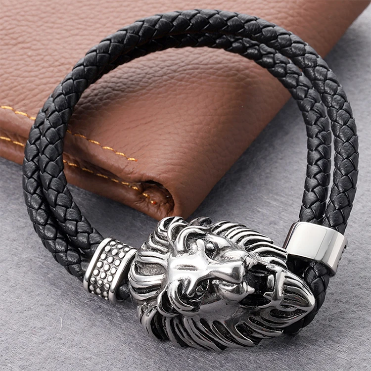 

Stars Forever Stainless Steel Lion Head Charm Unique Design Leather Bracelet Men Jewelry