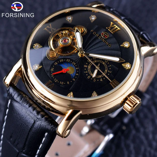 

Forsining Watch Luxury Series Luminous Design Rose Golden Case Men Watch Top Brand Tourbillion Diamond Display Automatic Watch, 6-color