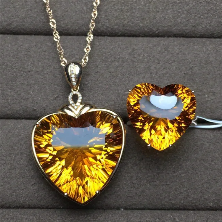 

18k gold South Africa real diamond natural yellow citrine necklace pendant ring romantic heart jewelry set for women