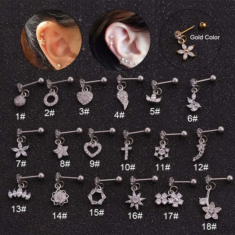 

Dainty Silver Plated Cz Dangle Heart Hexagon 20G Stainless Steel Daith Earrings Helix Cartilage Studs Rook Piercing