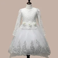 

Children white long sleeve embroidered paillette lace wedding dancing party chiffon tailing girl dresses with bowknot