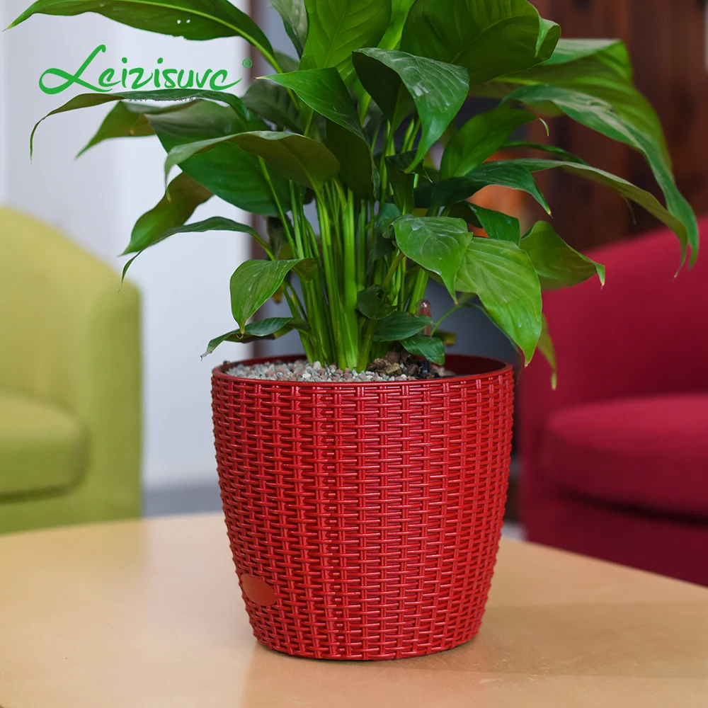 

Rattan wicker decorative round garden modern self watering plant containers planter plastic flower pots plant pot, As picture or customized