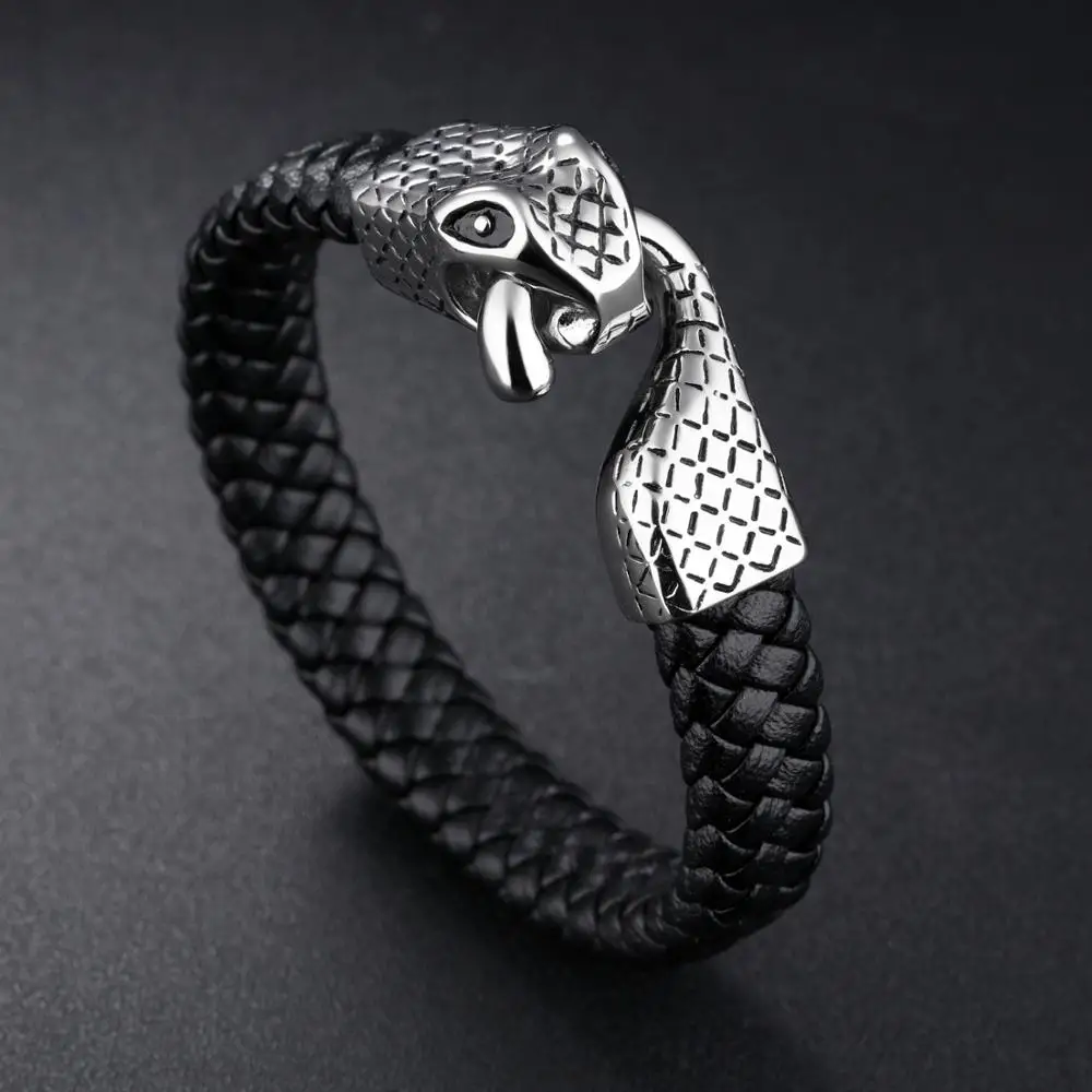 

Fashion Men cool character snake leather bracelet stainless steel snake head with hook clasp leather bracelet jewelry, Black