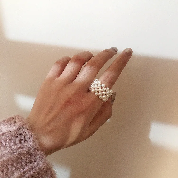 Wholesale Instagram Fashion New Arrived Handmade Custom Plastic Jewelry Korean Braided Pearl Ring For Women