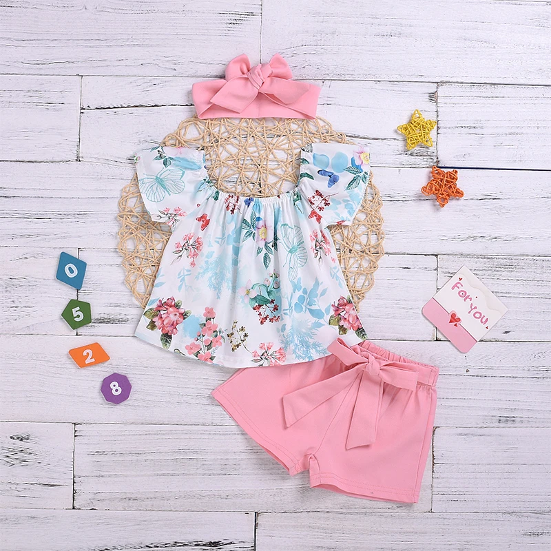 

Super Sweet and Vintage Baby Girl Clothing Sets with Short-Sleeved Shirt+Shorts+Hair Bind 3Pieces for Summer, Picture shows