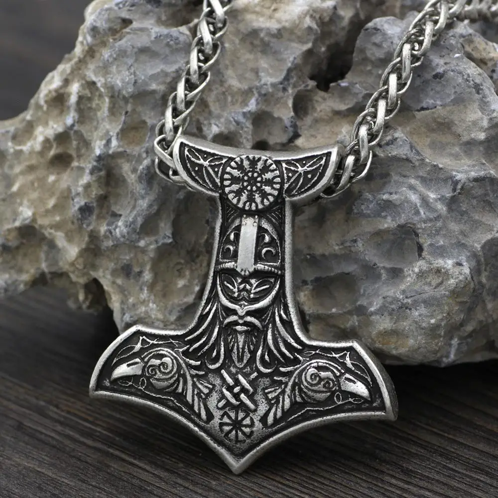 

Nordic Vikings Runes Amulet Hammer Pendant Necklace Raven PENDANT Necklace Nordic Talisman, Antique silver