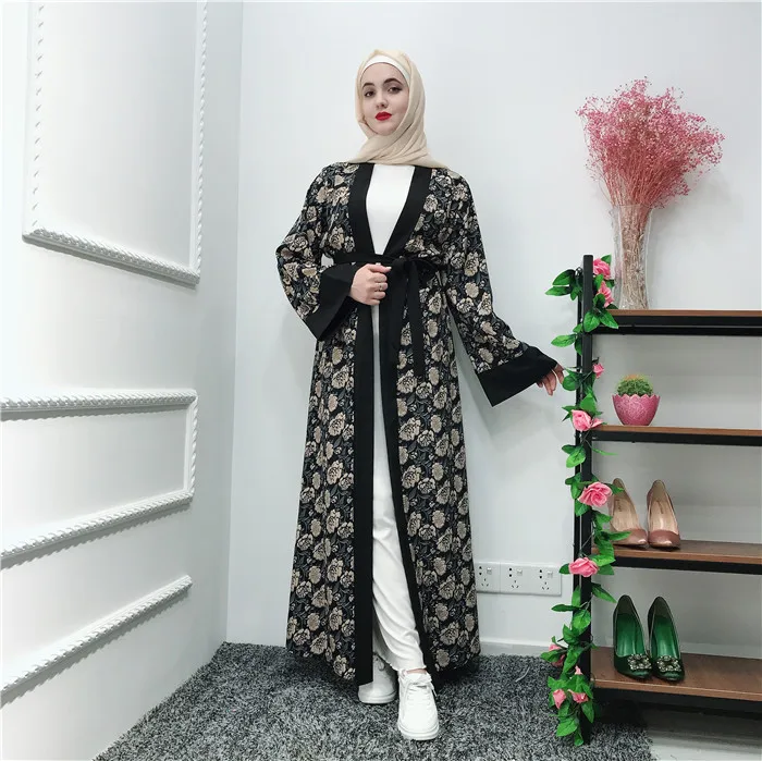 

2019 new arrival women floral printing soft crepe open abaya fashion muslim long dress, Flower print