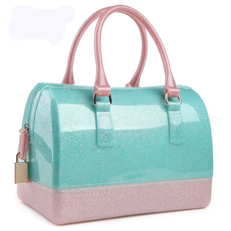 

2019 New Arrival Summer Transparent Crystal Shiny Rubber Jelly Candy Color Handbag, Pink, blue, deep blue, and so on