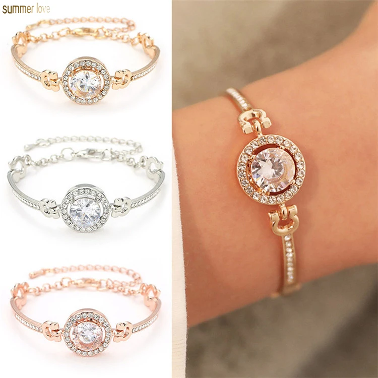 

Fashion Luxury Gold Silver Plated Round Rhinestone Zirconia Diamond Charm Bracelets Bangles Pulseras For Women