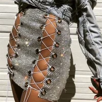 

SH1028 Luxury Glitter Metal Crystal Diamonds Skirts Women Diamonds Rhinestone Lace Up Sexy Clubwear Nightclub Mini Skirt