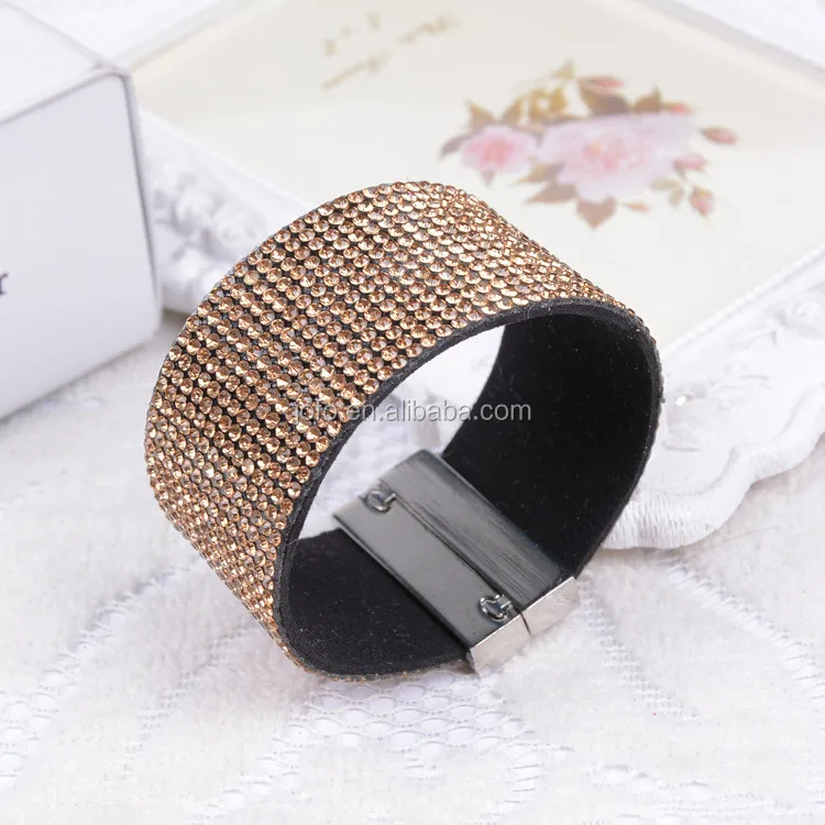 

Latest Design Hand Made Rhinestone Bracelet Wide Band Magnetic Leather Bracelet For Women