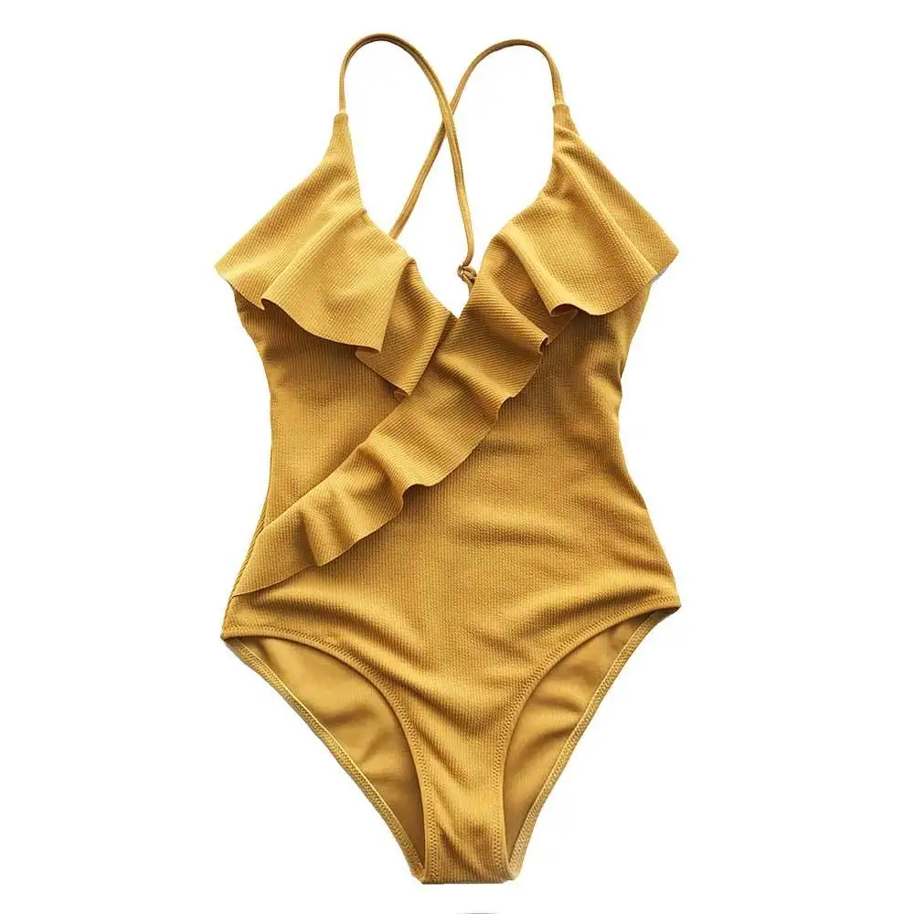 DeemoShop Yellow Solid One-piece Swimsuit Falbala V neck Ruffle Sexy Bikini Ladies Beach Bathing Suit Swimwear