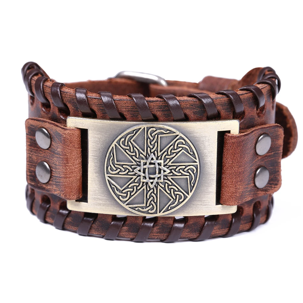 

Irish Knot Slavic Kolovrat Wicca Norse Runes Leather Bracelets Vintage Cuff Wristband Charms Jewelry Punk Adjustable for Men's