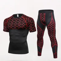 

Willyoung New Arrival 2PCS Quick Dry Mens Sports Suits Grid Shirts And Pants GYM Fitness Jogging Suits Sportwear Men Running Set