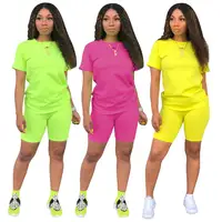 

Summer neon yellow pure women two piece set shorts women clothing