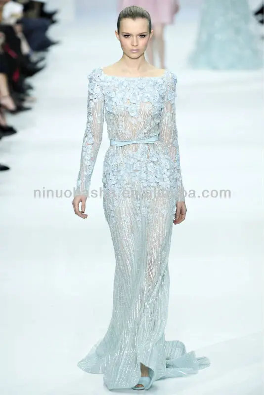 Expensive 2014 Haute Couture Gossip Girl Blue Sheer Long Sleeve