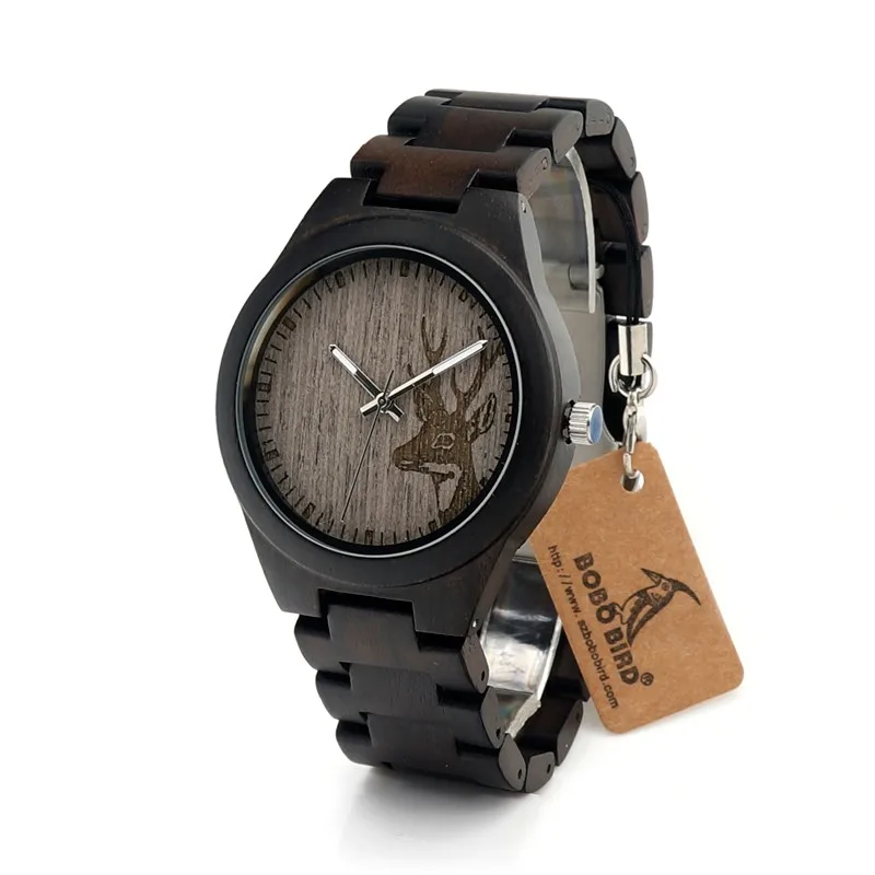 

BOBO BIRD 45 mm case diameter handcrafted wood wrist watch man's quartz custom wooden watch manufacturer, Black