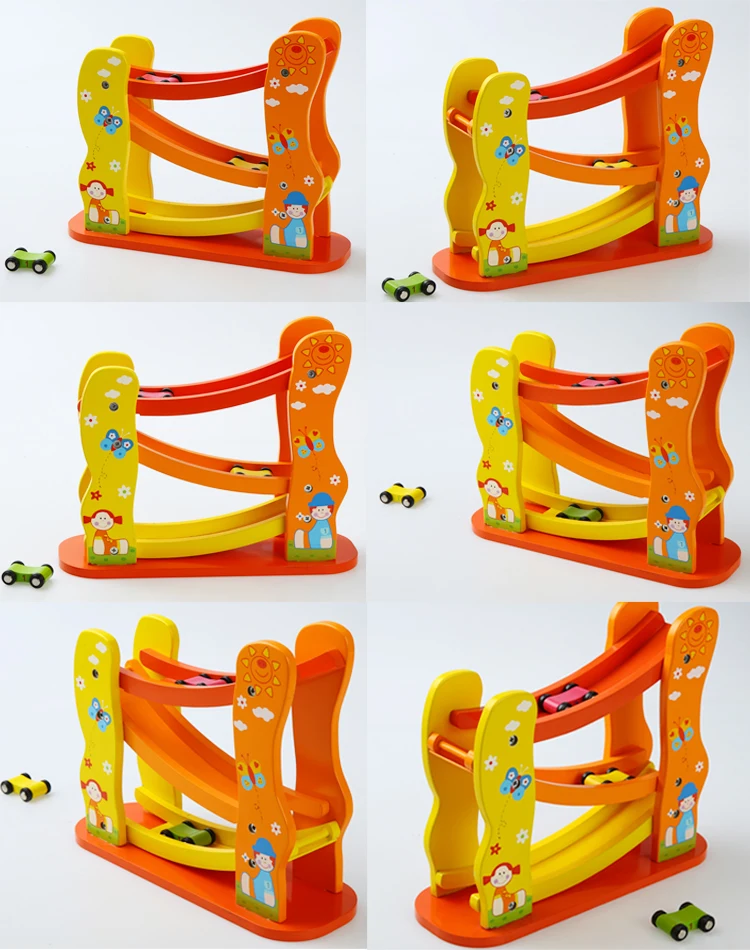 3 Lanes Ramp Race Track Tower Games 3 Racing Cars Toy Wooden Racing Car