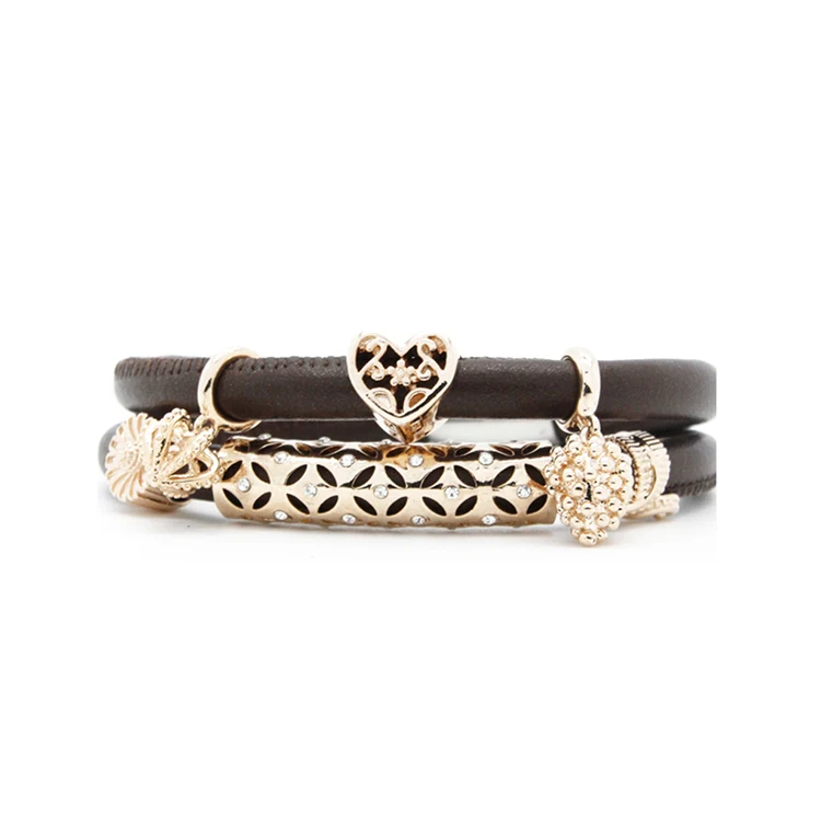 

Brown Leather Wrap Multi Layer Rose Gold Charm For DIY Endless Bracelet Jewelry EB032