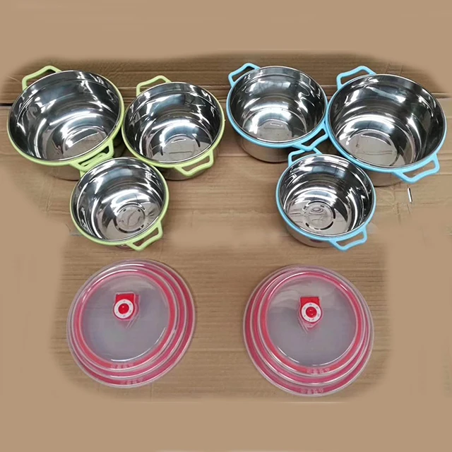 

14-16-18CM Colorful Round shape Stainless Steel silicone mixing salad bowl food cooker with plastic handle & cover, Green/blue /pink